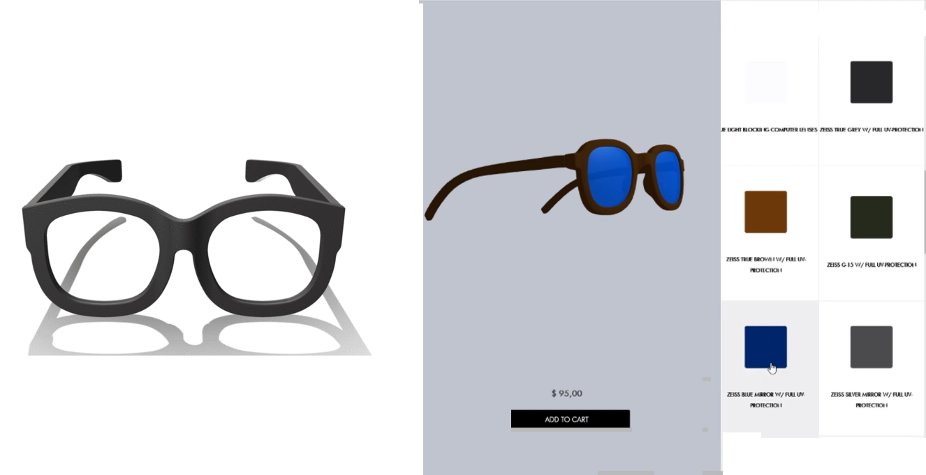 Left: Model 02 3D printed glasses by American Spectacles. Right: Customization interface. Images via Amercan Spectacles.