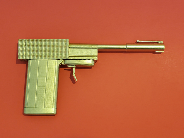 3D printed golden gun design by Brian Moman, aka VariablePenguin. Photo via Thingiverse