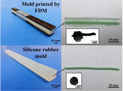 Wax filament fabricated by both the 3D printed mold and silicone mold. Image via Ming Chi University of Technology.