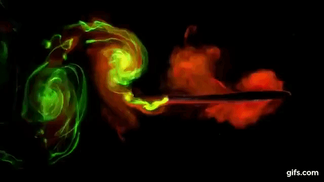 A 3D printed wing filled with fluorescent dyes flapping in a water tunnel. Clip via NYU.
