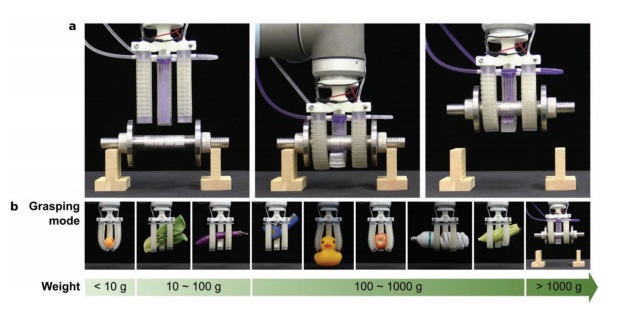The robot ripper equipped with three FRST actuators grasps a) a dumbbell weighing 1.5 kg. and a b)objects with arbitrary shapes and various weights ranging from less than 10 g to 1.5 kg. Image via SUTD and SJTU.