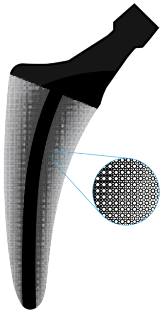An orthopaedic implant rendering with functionally graded microstructures optimized by the proposed method. The different microstructures have distinct topologies but are still well connected, forming an integral part. Image via TU Delft.