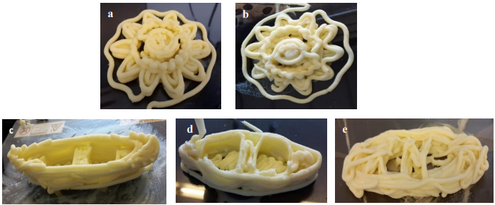 The influence of the substrate and shape design on 3D printed products of potato puree alone or with additives when is extruded at 4mm nozzle. Fig 3(a, b) Influence of substrate printed: (a) potato puree with 0.5% alginate, (b) potato puree alone, Fig 3 (c, d, e) Influence of shape design (c) potato puree with 1% alginate, (d) potato puree alone at primary stages of printing and (e) potato puree alone at final stages of printing. Image via Iman Dankar.