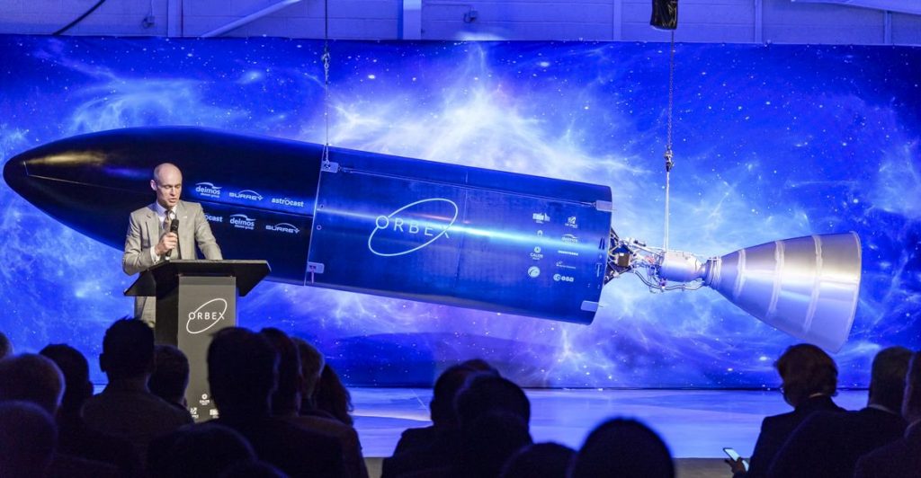 Graham Turnock, Chief Executive of the UK Space Agency, speaks at the inauguration of the Prime rocket. Photo via Orbex