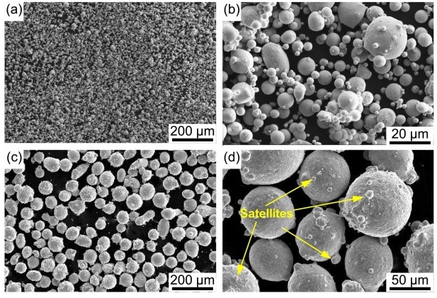 SEM images showing typical HEA powder morphology with different magnifications. (a) and (b) for powder size ≤25 μm; (c) and (d) for powder size ranged from 45 to 105 μm. Image via NTU.