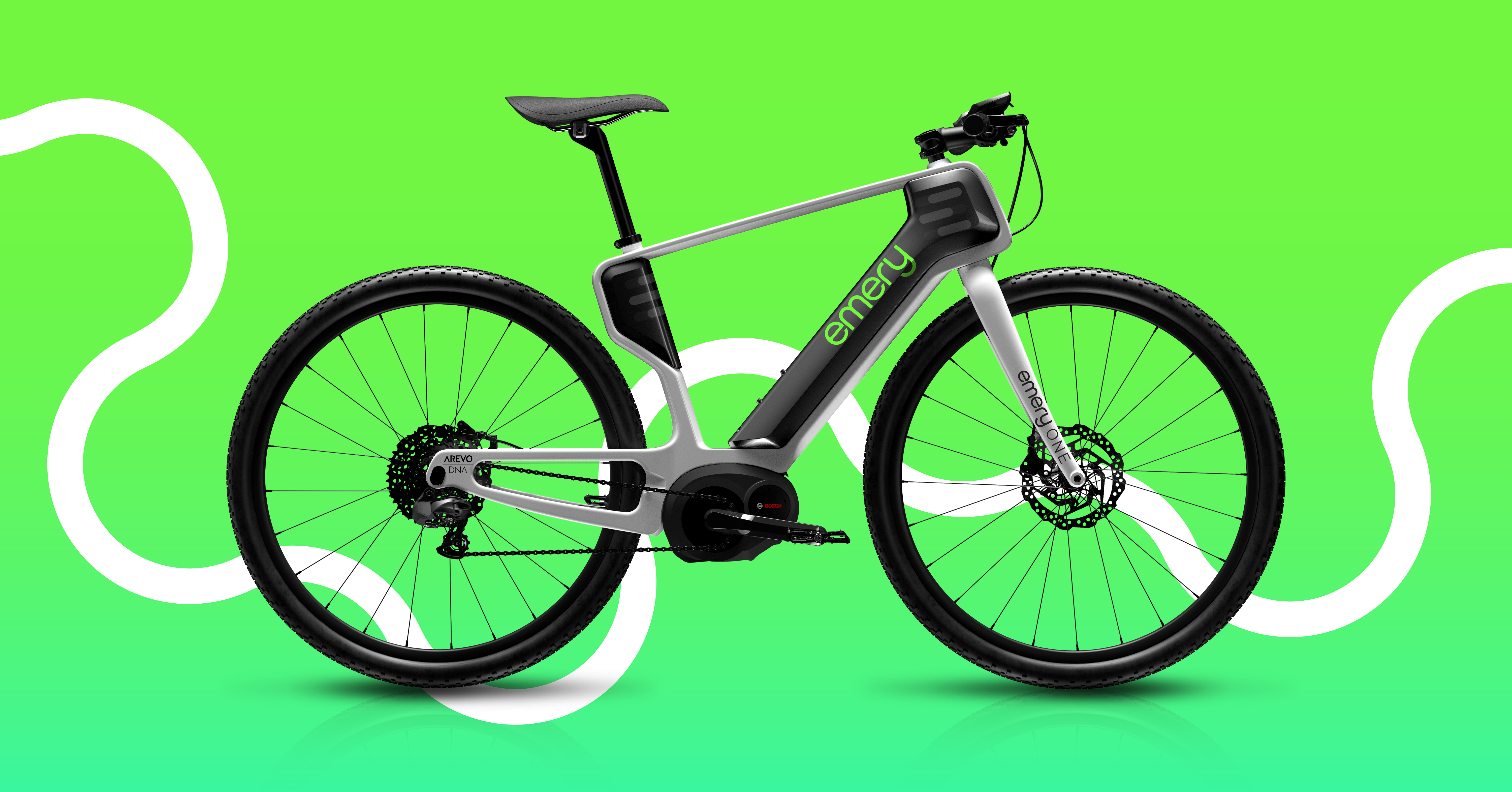 The new Emery ONE eBike, features a durable 3D printed unibody bike frame. Image via AREVO.