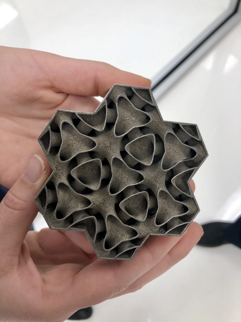 Prototype of 3D printed heat exchanger. Photo via GE.