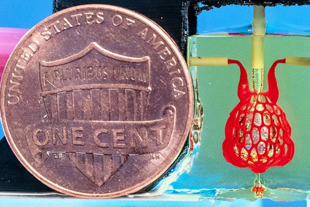 The 3D printed lung-like air sac is smaller than a one cent coin. Image via University of Washington.