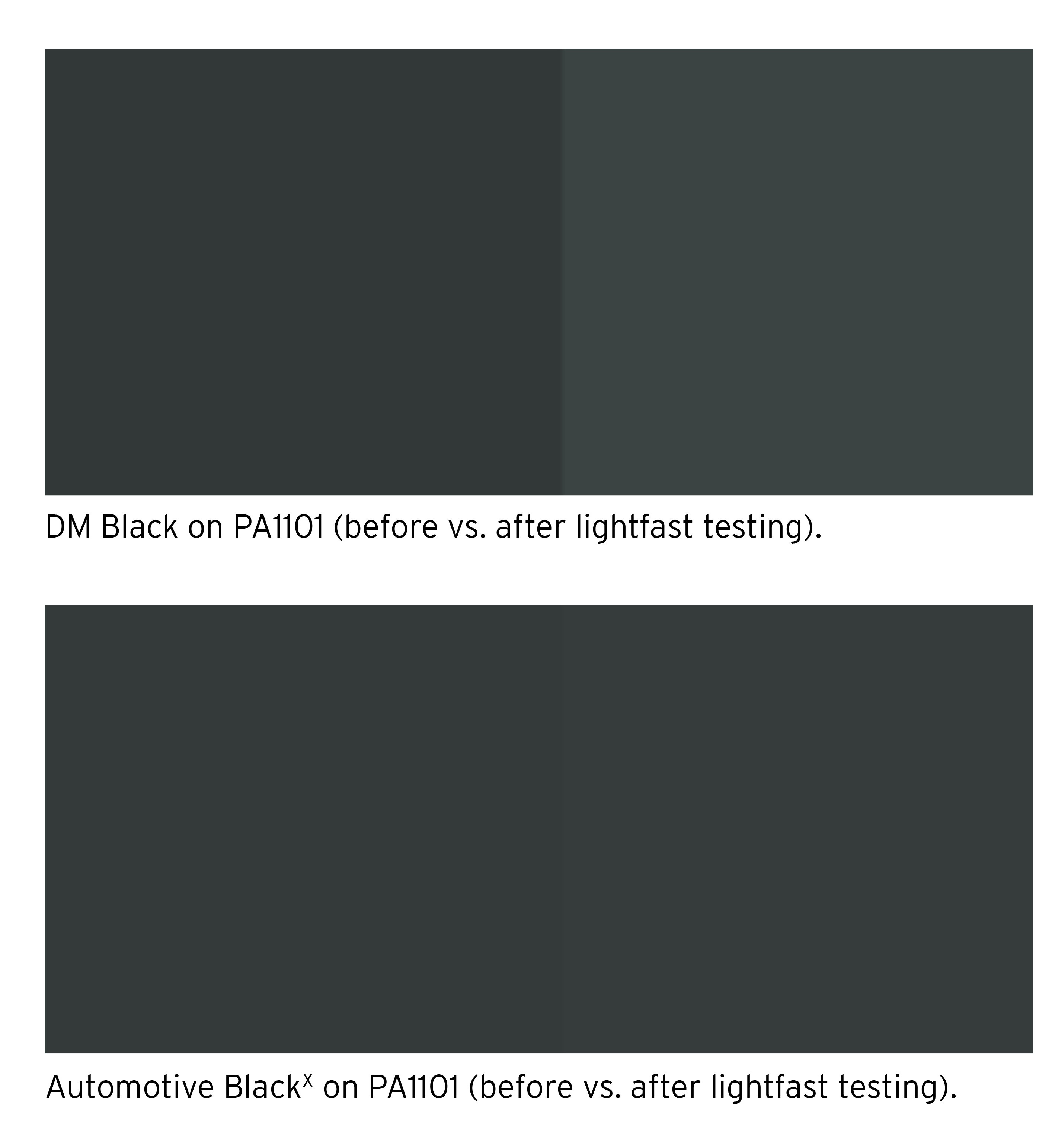 Comparison of the DM Black and Automotive BlackX on EOS PA1101. Image via DyeMansion.