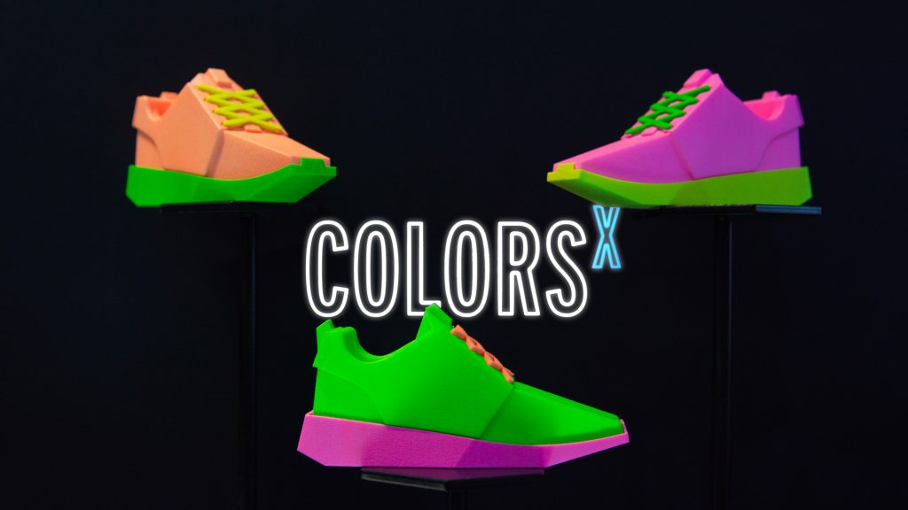 Neon shoes rendered with colors from the Neon ColorsX solution from DyeMansion. Image via DyeMansion.