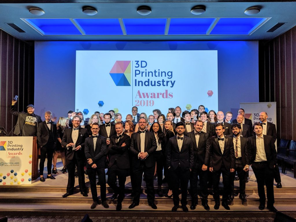 The 3D Printing Industry team onstage with all winners of the 2019 3D Printing Industry Award. Photo by Vickie Licková for 3D Printing Industry