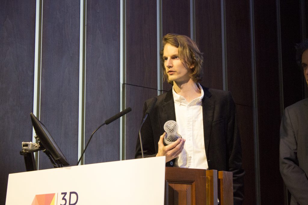 Mirek Classen, Head of Innovation at BigRep’s NOWLAB that built the award-winning NERA e-motorcycle, speaks at the 2019 3D Printing Industry Awards. Photo by 3D Printing Industry