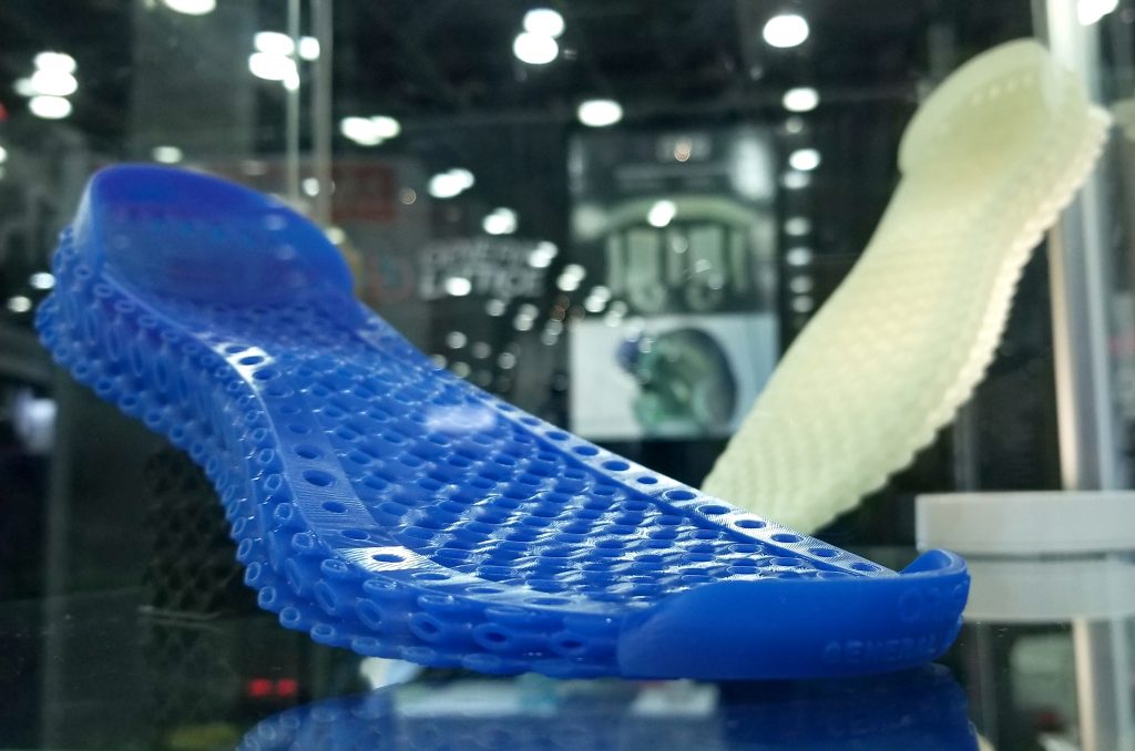 "With an emphasis on sporting goods..." 3D printed midsoles designed by General Lattice and 3D printed using the Origin One. Photo via General Lattice