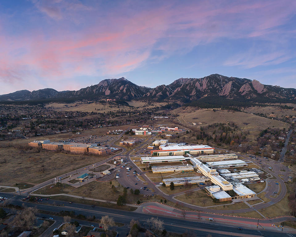 Aerial photograph of NIST, NOAA, and NTIA research facilities in Boulder, Colorado. Photo via NIST