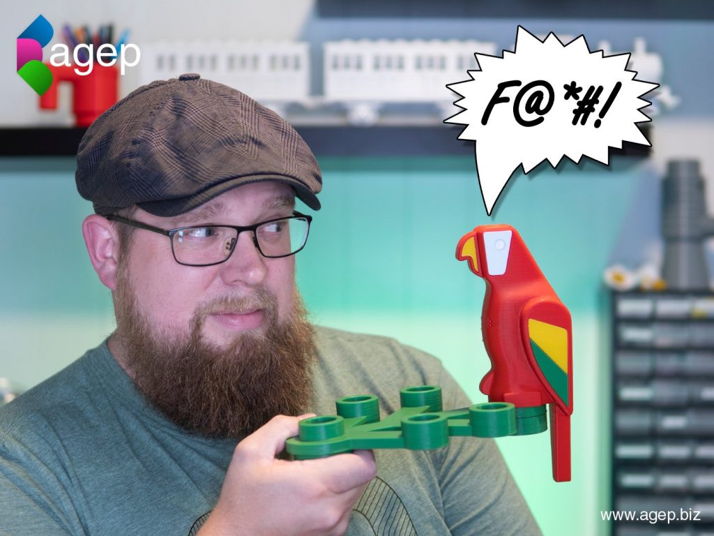 3D Printed Human Scale Working LEGO Parrot. Photo via agep.