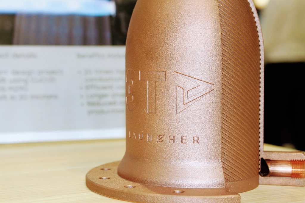 Copper rocket engine 3D printed by 3T for Launcher 2. Photo by Michael Petch.