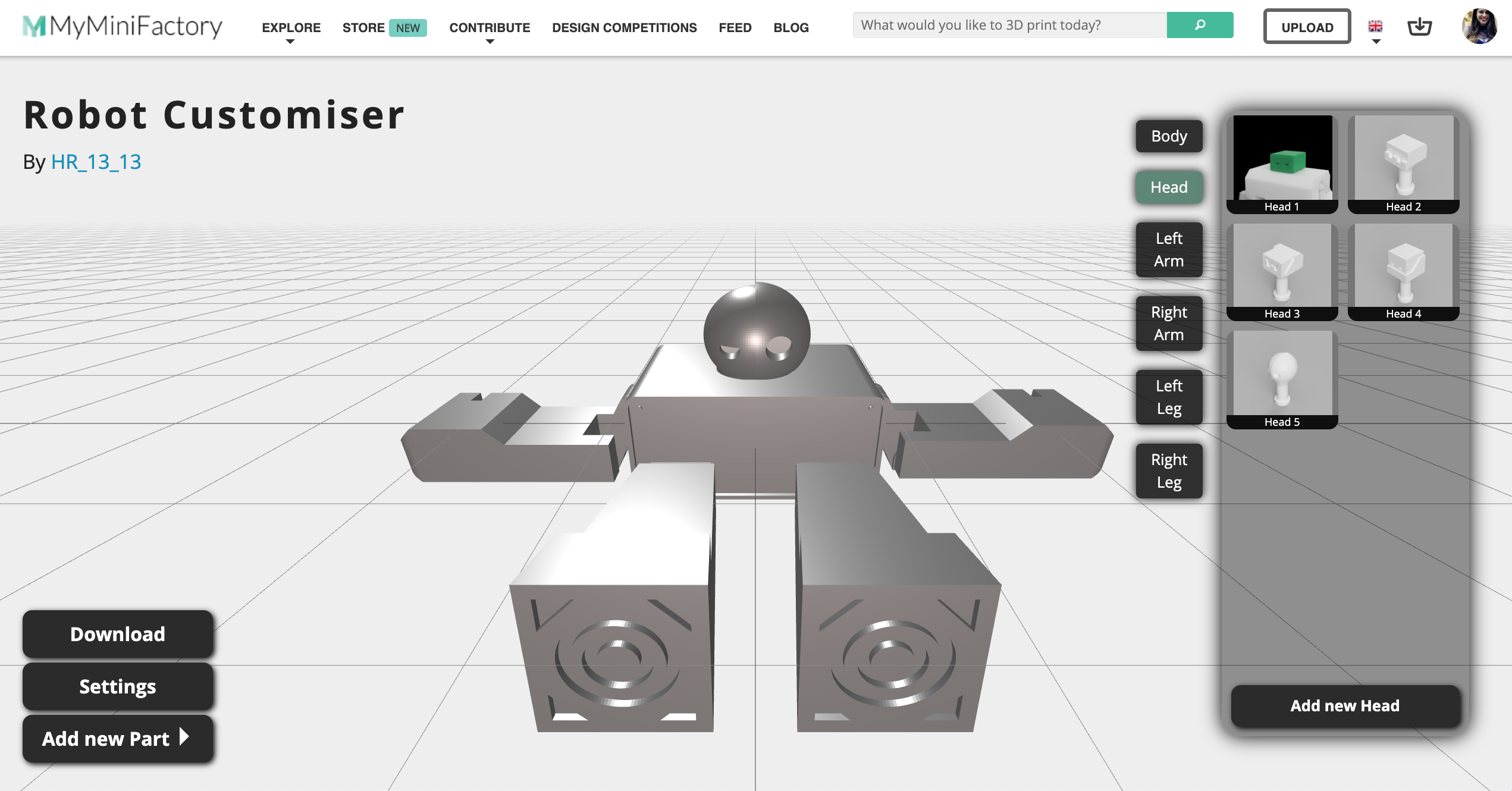 MMF's customizer tool, showcasing the different options for the head part of the robot. Image via MyMiniFactory.
