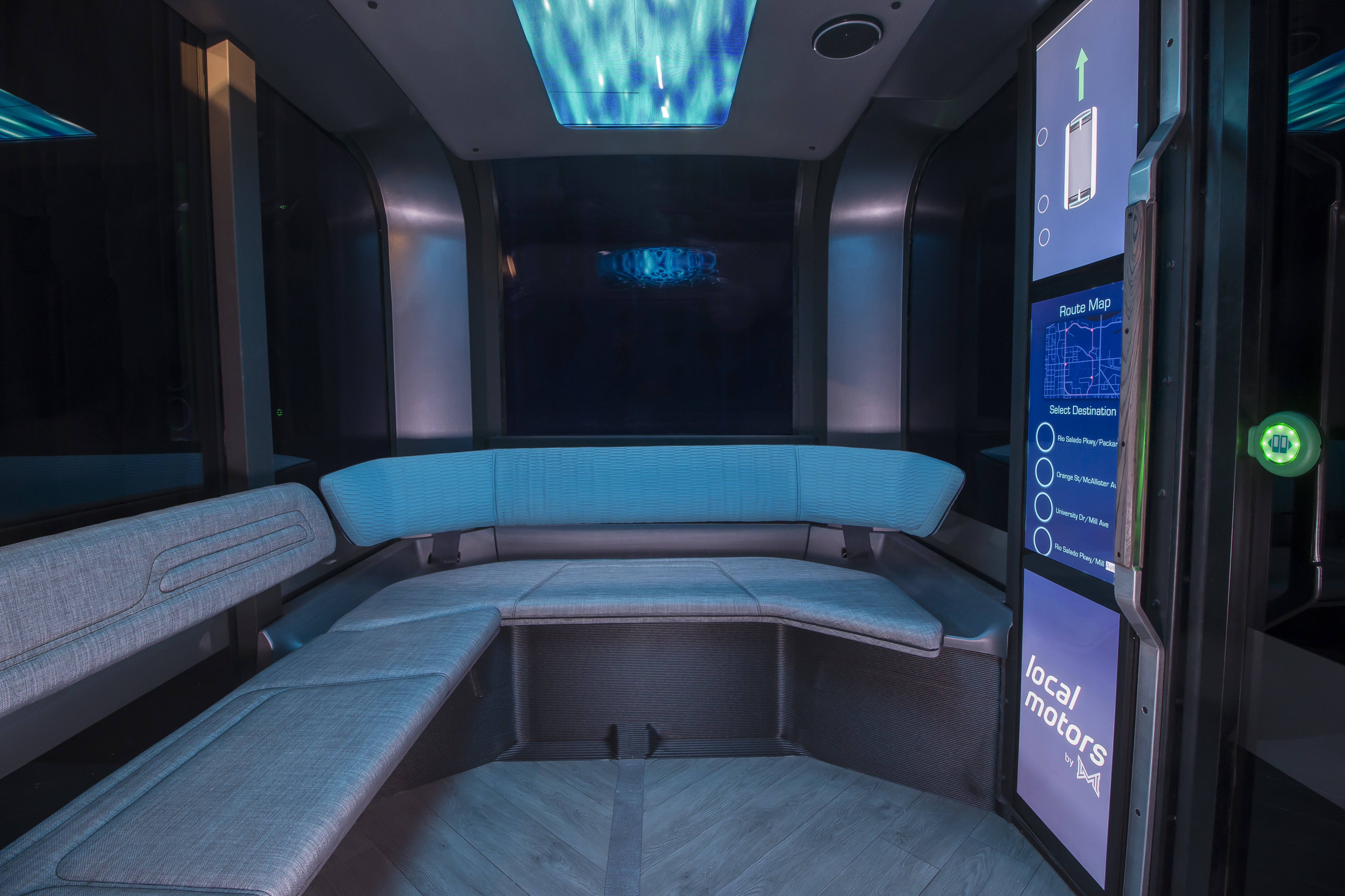 The interior of the Olli 2.0, a 3D printed connected electric autonomous shuttle. Photo via Local Motors.