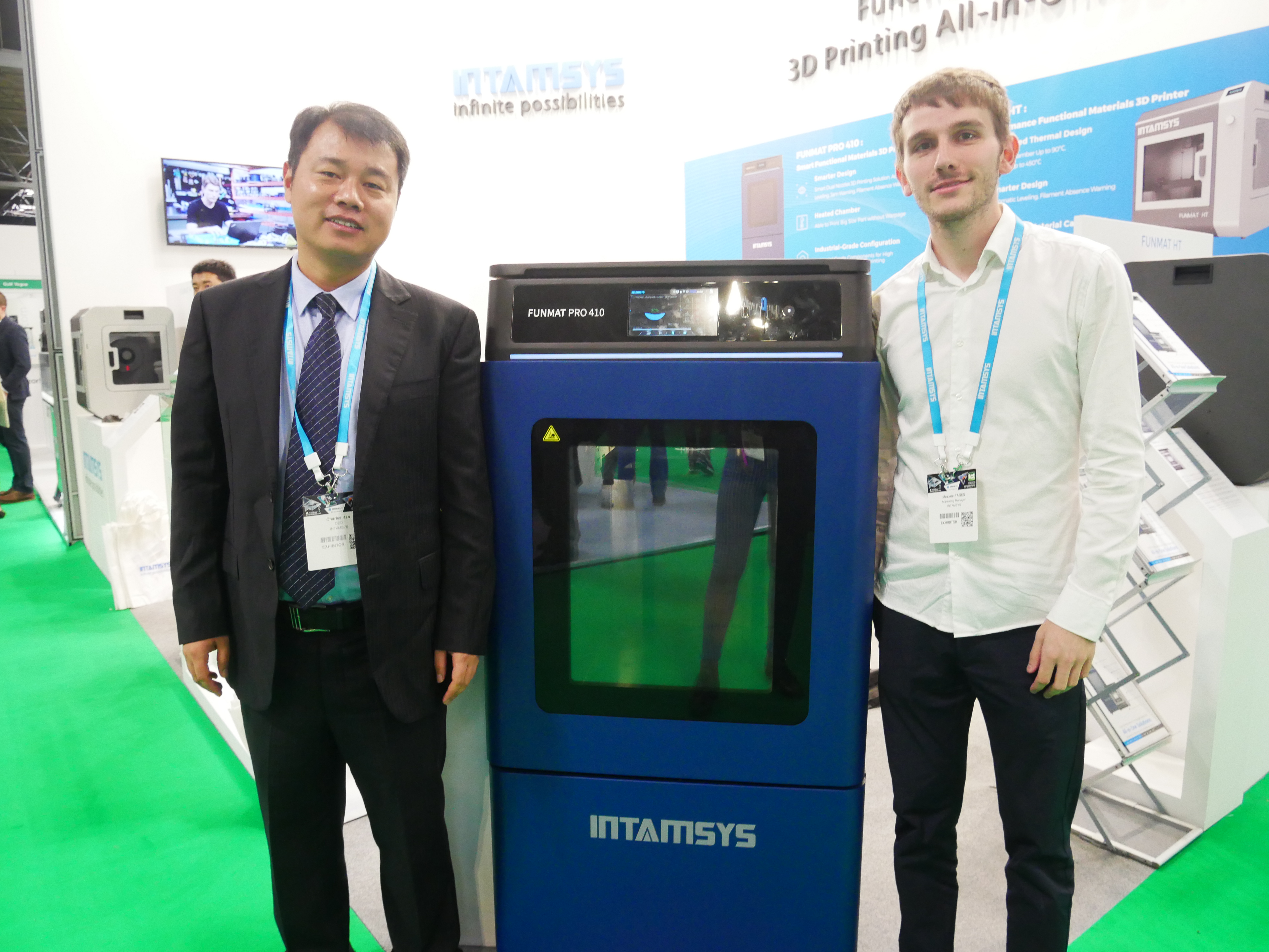 Charles Wan, CEO of Intamsys and Maxime Pages, Marketing Manager at Intamasys with the FUNMAT PRO 410. Photo by Tia Vialva.