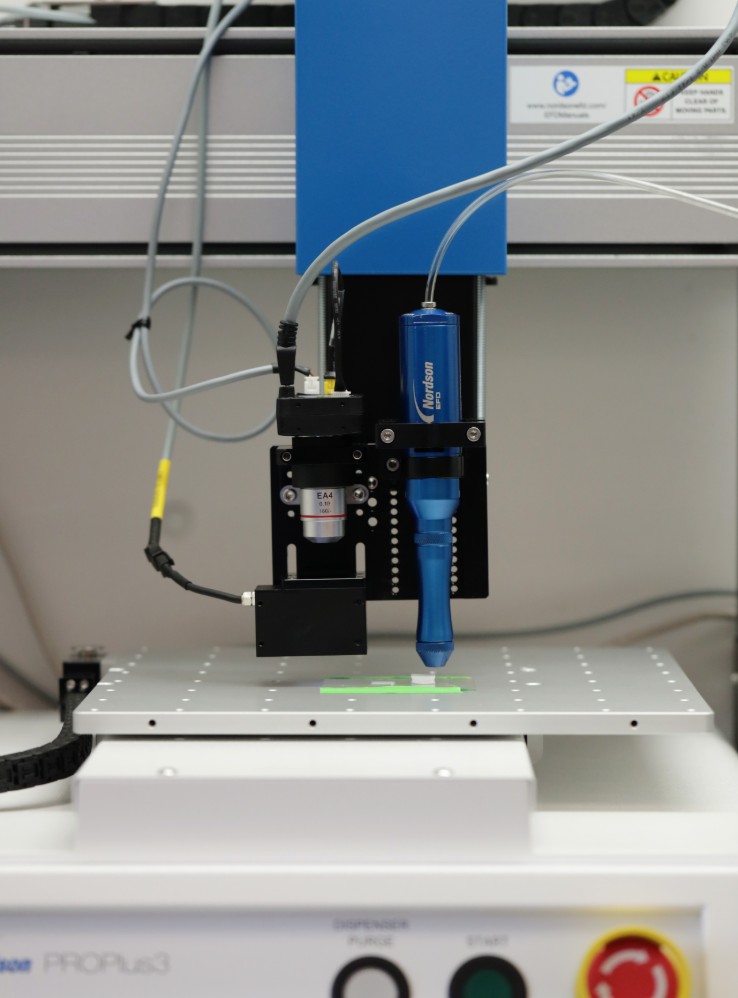 Solvent-cast 3D printer printing a biodegradable polymer-based scaffold. Photo via Lehigh University.