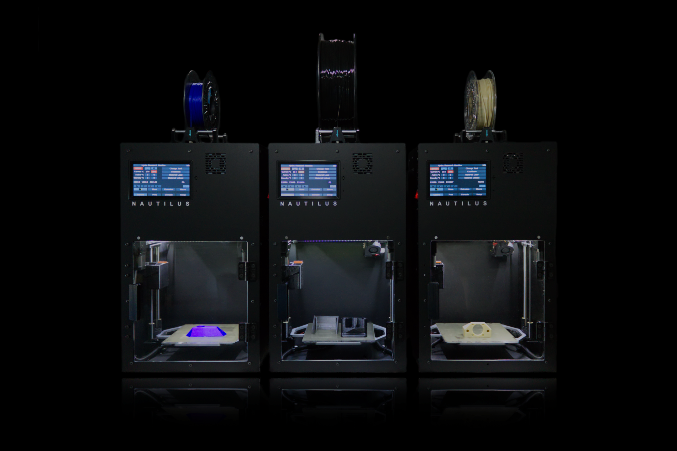 Three Nautilus 3D printers. Image via Hydra Research.