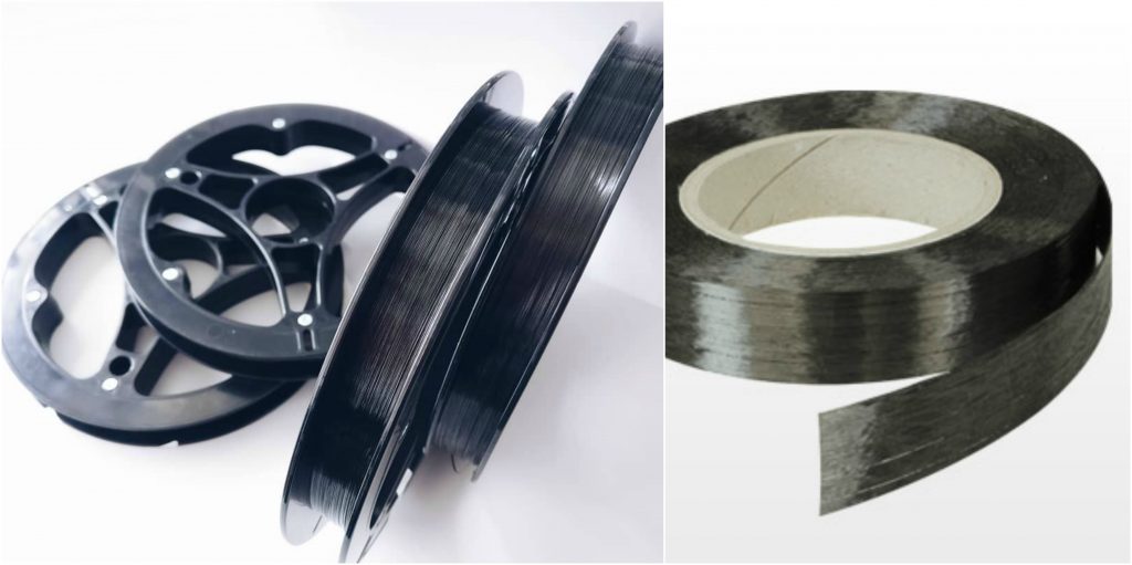 Spools of prepreg filament (left) and a roll of prepreg tape. Photos via easycomposites.co.uk