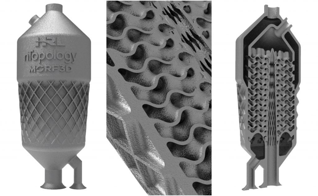 Detail of the topological gyroid heat exchanger designed by nTopology, 3D printed by Morf3D, and made from HRL high strength aluminum 7A77. Image via nTopology