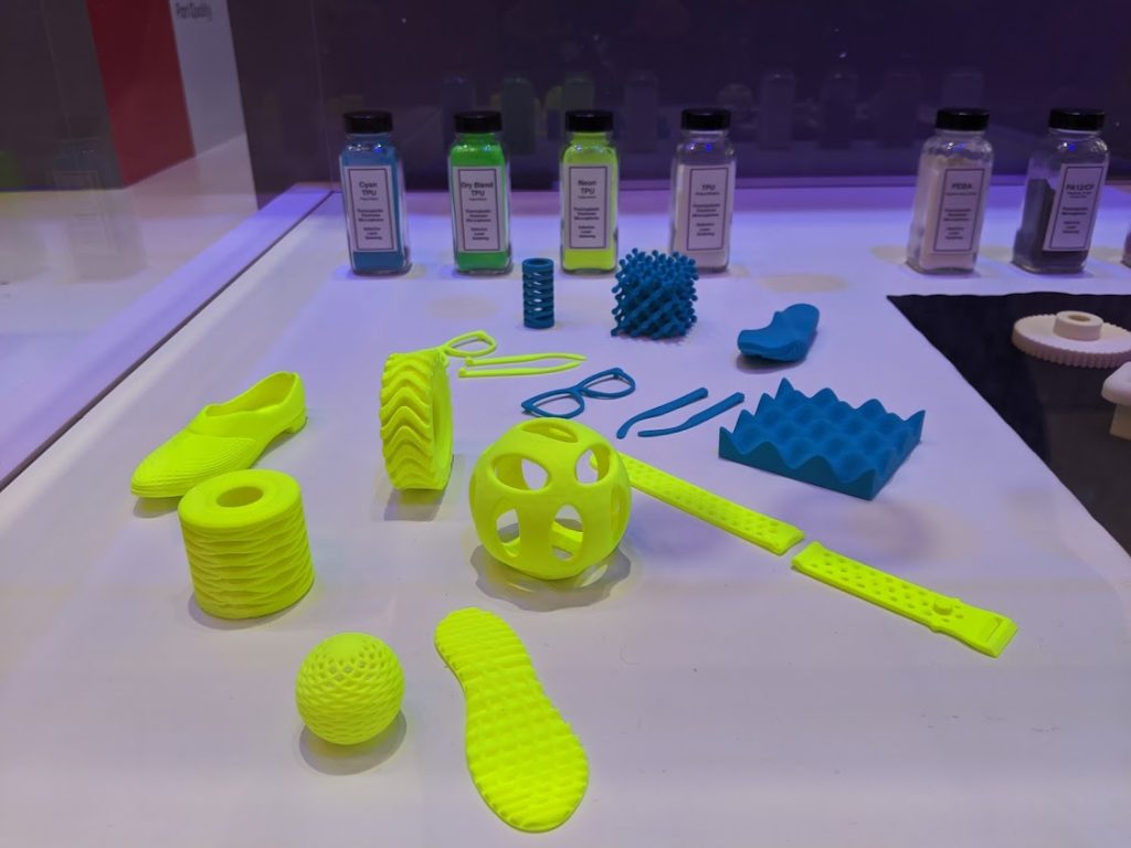 Neon TPU 3D prints made with Xerox SLS powder. Photo by Michael Petch.