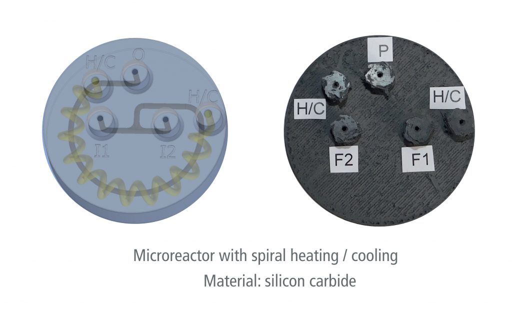 A mircoreator designed with spiral heating/cooling features, 3D printed in silicon carbide filament from Spectrum Filaments and SiCeram. Image via SiCeram