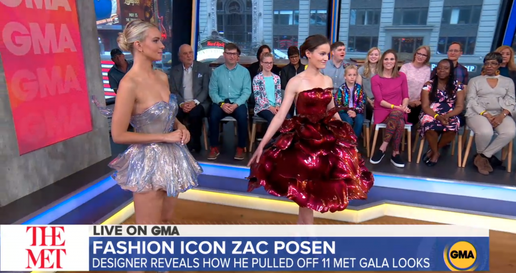 Zac Posen's 3D printed Met Gala gowns worn on Good Morning America. Screenshot via Good Morning America