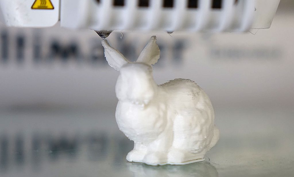 ETH Zürich's 3D printed Stanford bunny models, made to contain its own .stl file. Photo via ETH Zürich