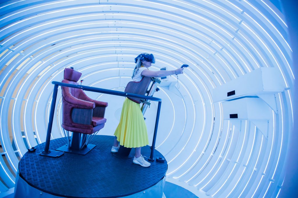 Visitors in the 'Fly' VR experience from British Airways BA2119 Flight of The Future event in collaboration with the Royal College of Art at Saatchi Gallery in London on 30 July 2019 Photo by Nick Morrish/British Airways