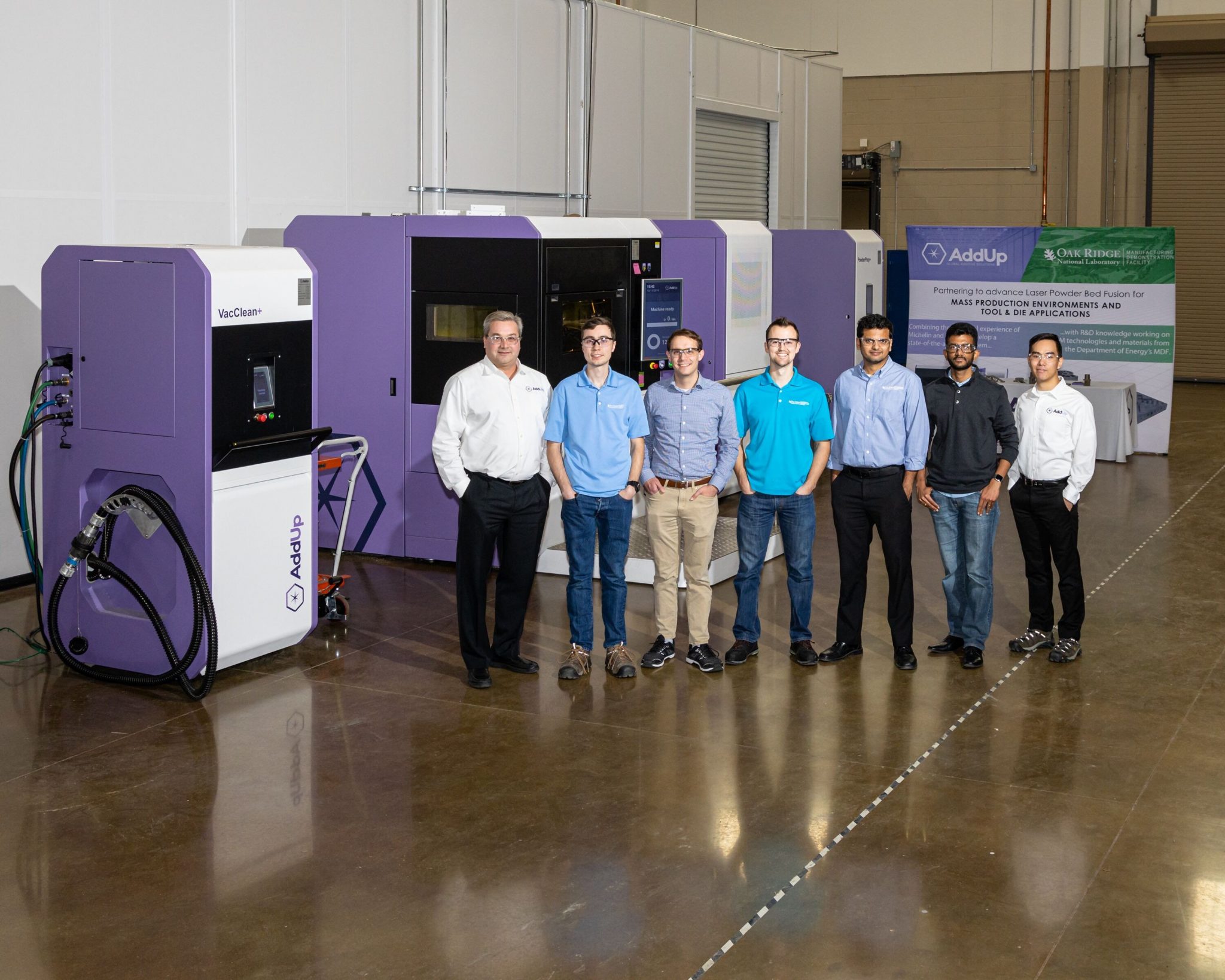 Members of the Oak Ridge National Laboratories and AddUp team collaborate to target the advancement of materials processes for metal additive manufacturing tooling applications. Photo via AddUp/ORNL.