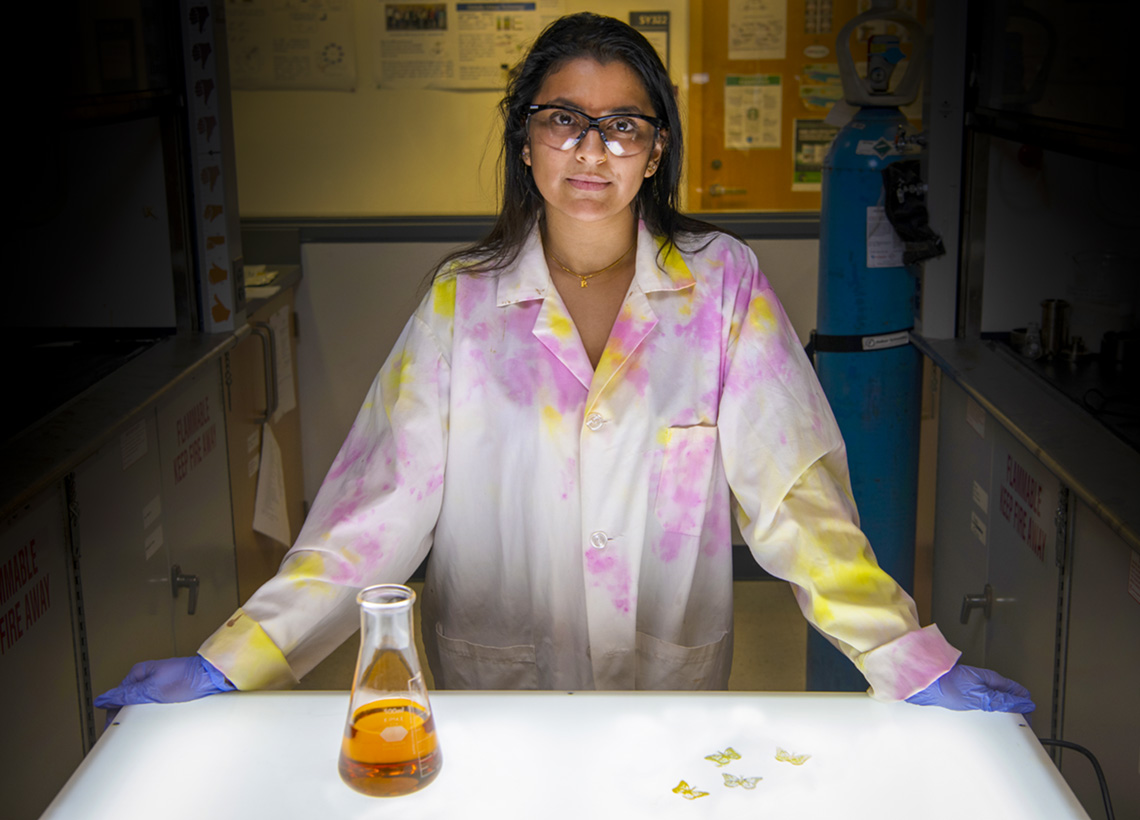 Rajshree Biswas, a PhD student in the lab of U of T Scarborough Professor Andre Simpson, with 3D printed butterflies made using resin derived from McDonald's waste cooking oil. Photo via Don Campbell/UTSC.