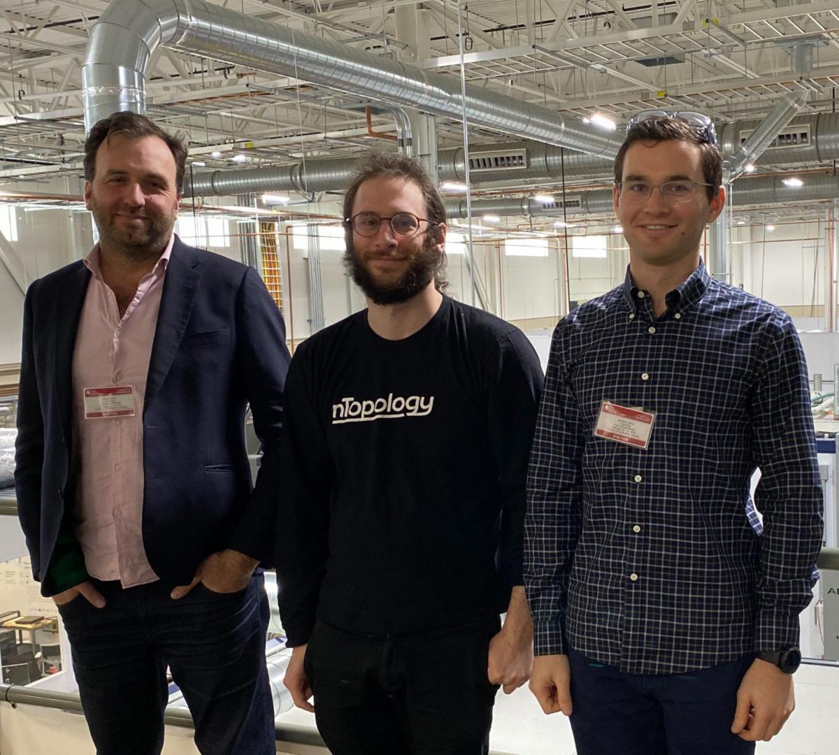 Duann Scott (left), Philip Schiffrin (center) and Jonathan Harris (right), from nTopology, at the Oak Ridge National Laboratory facility to kick off the project. Photo via nTopology.