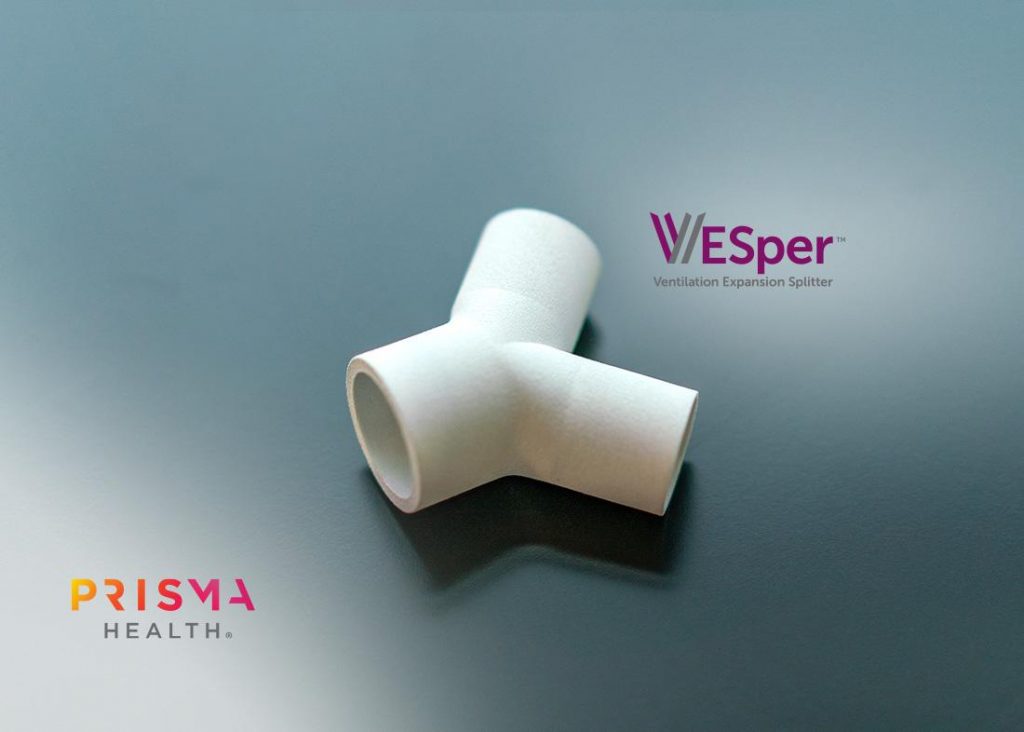 The 3D printed VESper ventilation expansion splitter. Photo via Prisma Health.
