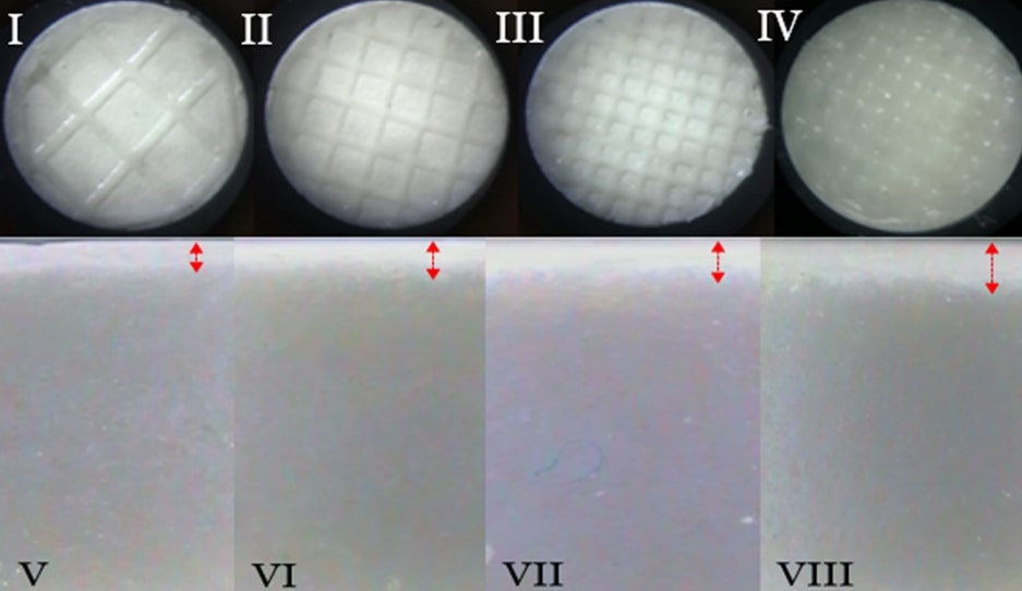 Examples of partially coated tablets with 3D printing at four levels. Image via International Journal of Pharmaceutics.