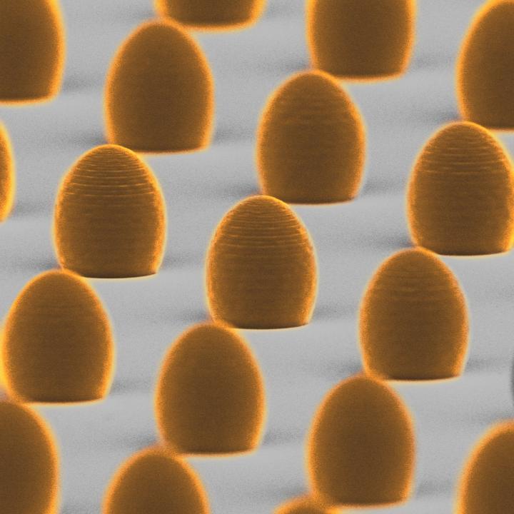 Scanning electron microscope image of 3D-printed aspherical microlenses. Photo via University of Warsaw.