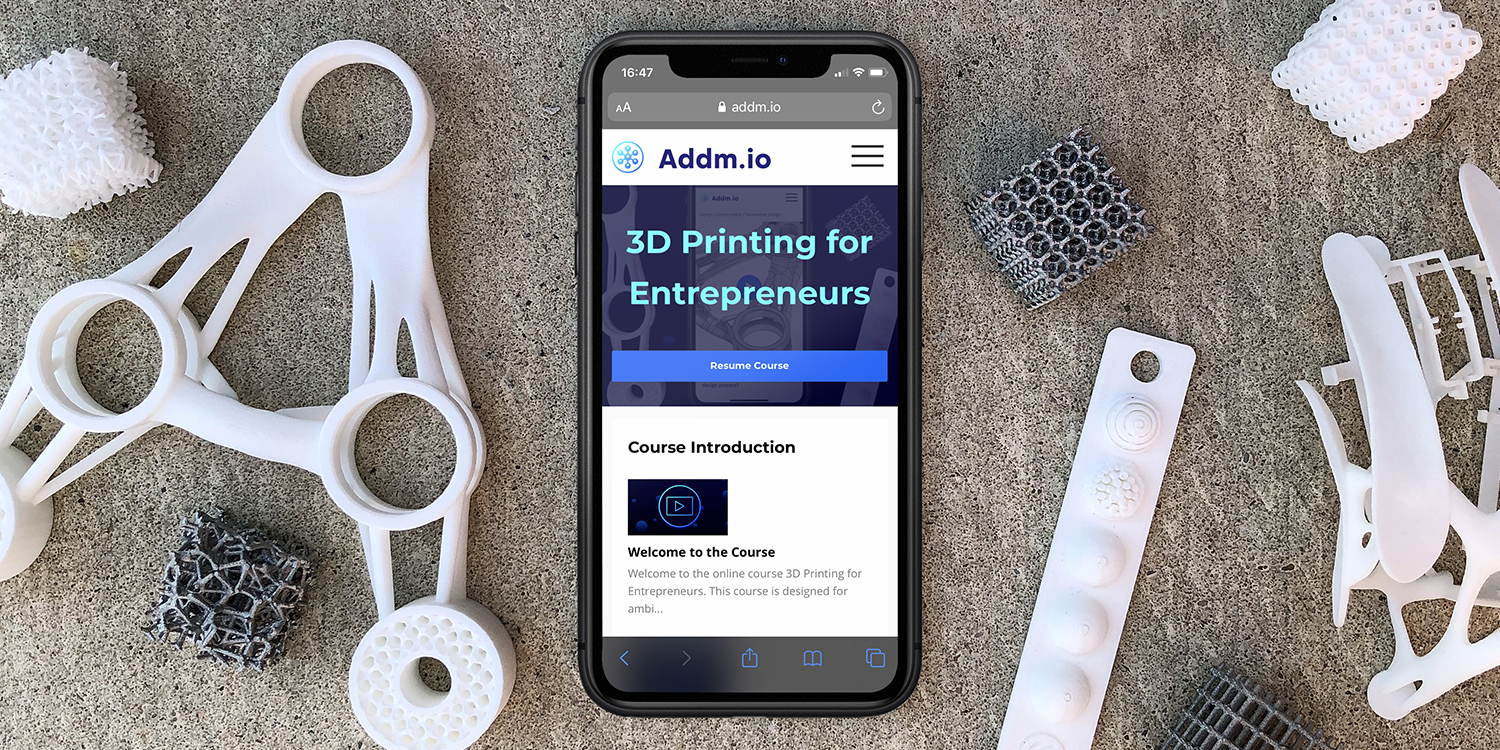 The 3D Printing for Entrepreneurs course on mobile. Photo via Addmio.
