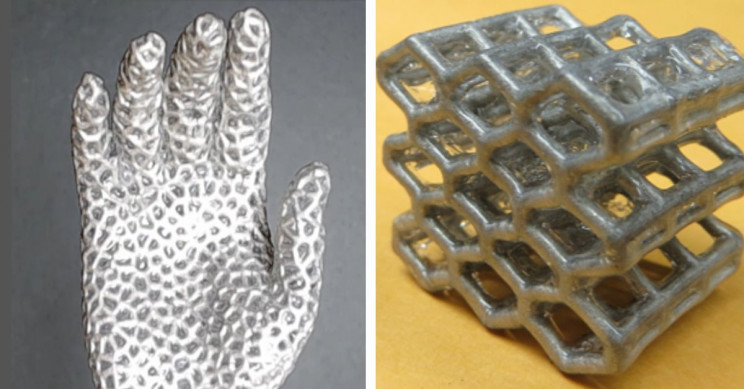 The liquid metal lattice hand alongside the original prototype lattice. Photo via Zhang, Binghamton University.