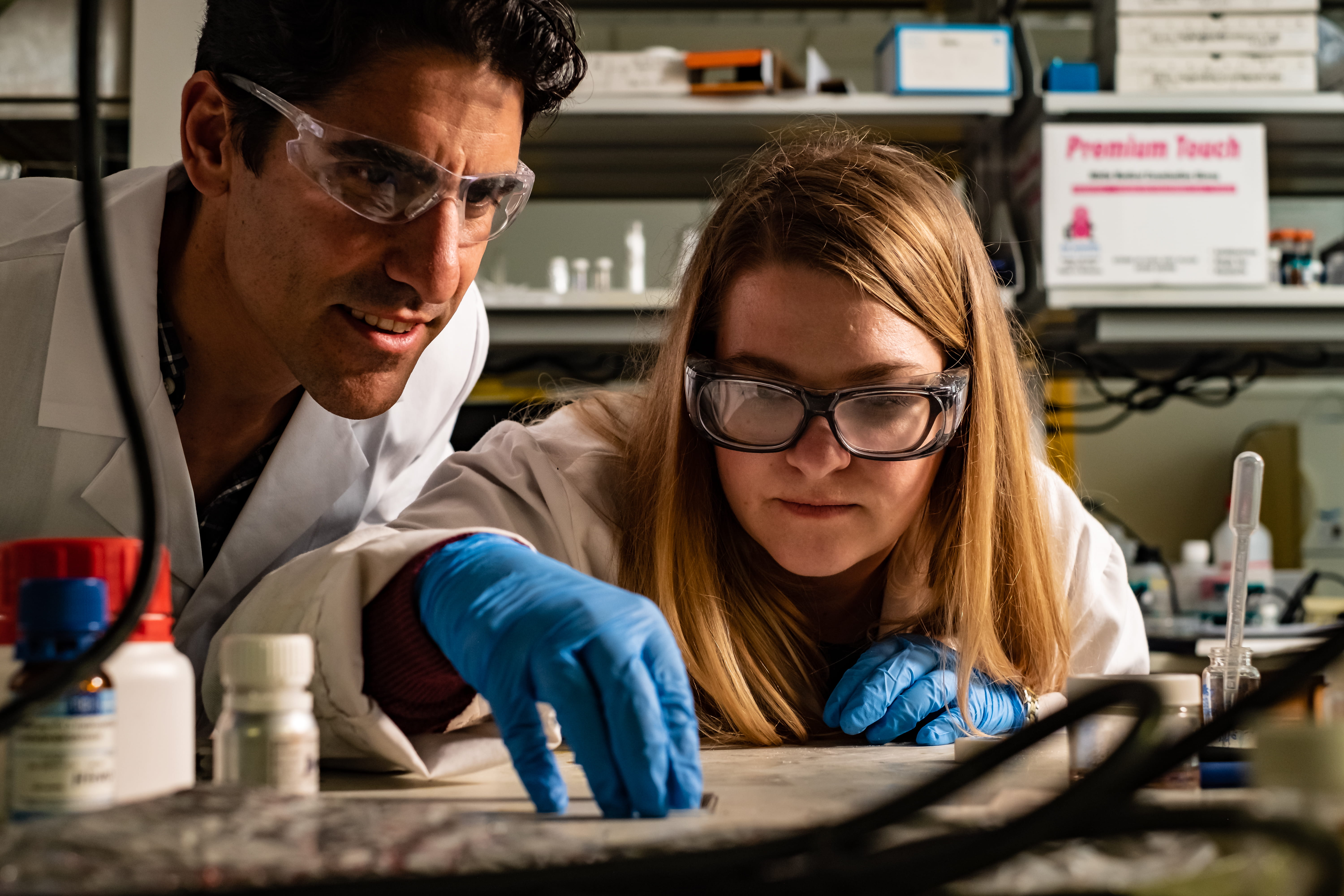 Rice engineer Rafael Verduzco and graduate student Morgan Barnes led the development of a method to 3D-print materials that morph from one shape to another through application of temperature, electric current or stress. Photo by Jeff Fitlow