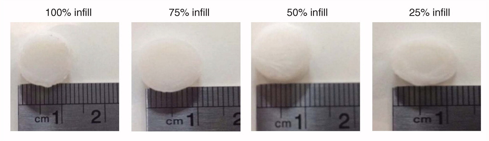 The Pakistani researchers used FDM 3D printing to create tablets with different percentages of infill (pictured). Photo via the Future Medicine journal.