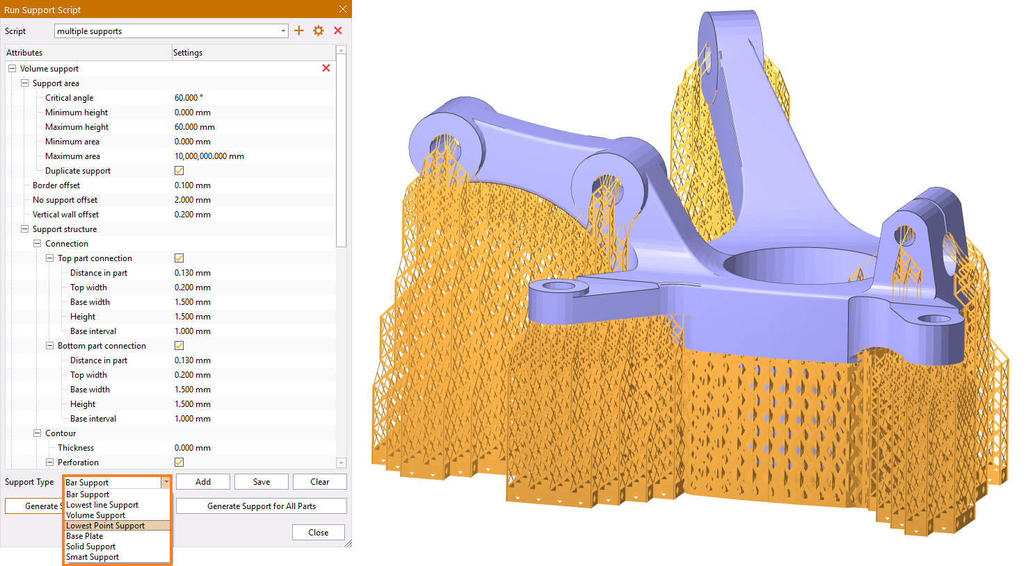The SLM support module now contains new support types and parameters. Image via VoxelDance.
