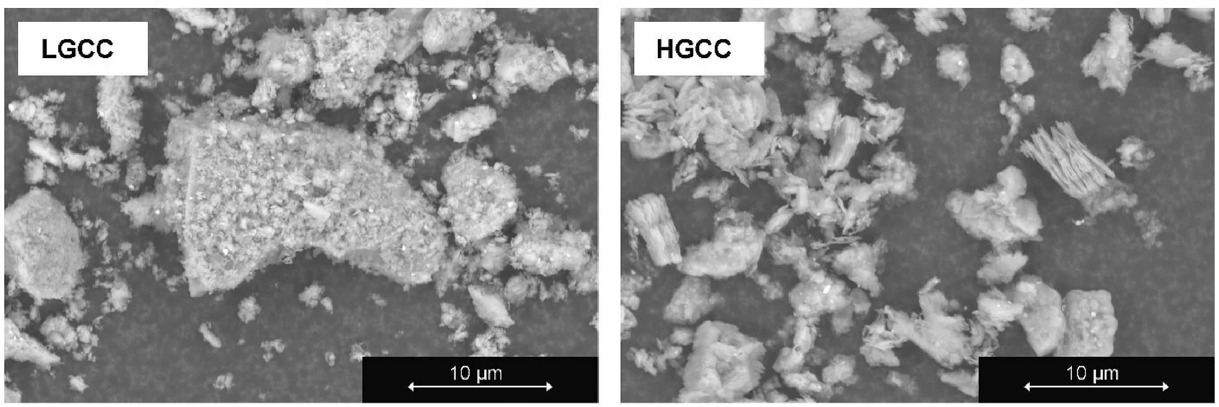 Electron micrographs of low-grade (left) and high-grade (right) calcined clay. Image via TU Delft.