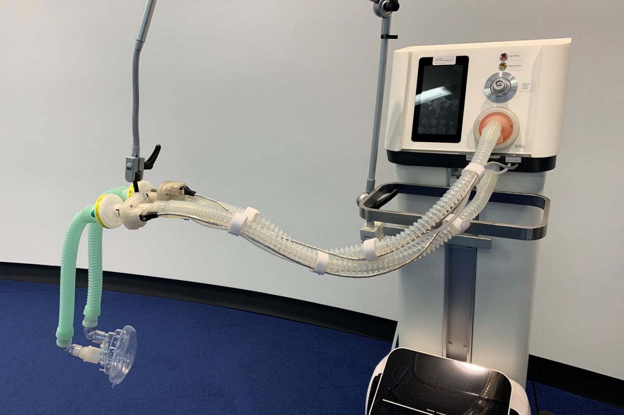 The SmartCPAP team's winning ventilator design (pictured) was designed to provide support for as long as possible without intubation. Photo via Munich Re.