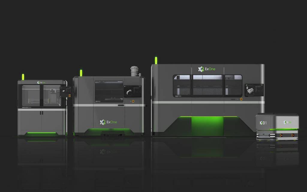 The InnoventPro (left) is an advanced entry-level metal 3d printer that rounds out ExOne’s full family of production metal binder jetting systems, which includes the X1 25Pro (center), the X1 160Pro (far right), and the X1D1 automated guided vehicle for automated, Industry 4.0 transport. Image via ExOne.