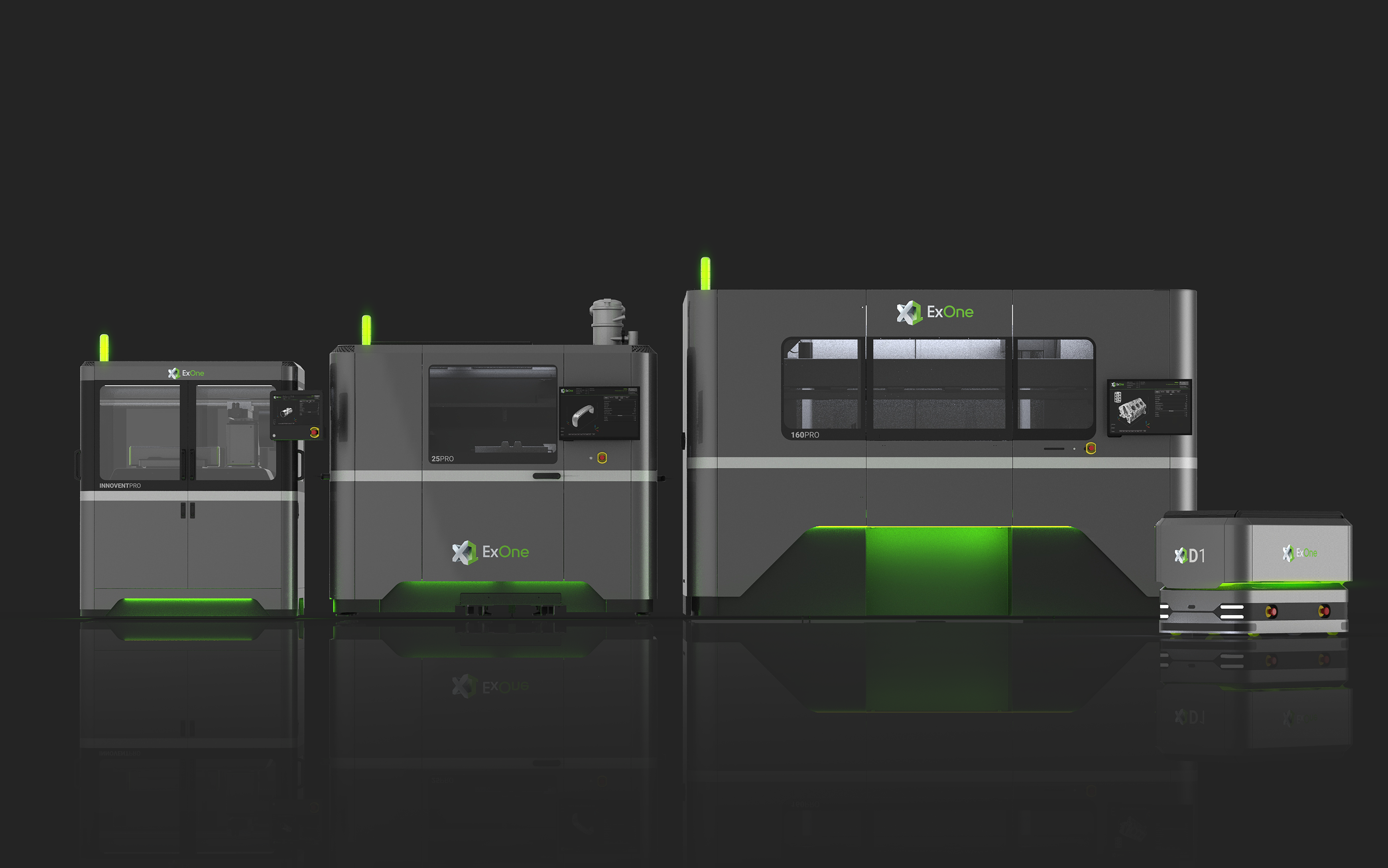 The InnoventPro (left) is an advanced entry-level metal 3d printer that rounds out ExOne’s full family of production metal binder jetting systems, which includes the X1 25Pro (center), the X1 160Pro (far right), and the X1D1 automated guided vehicle for automated, Industry 4.0 transport. Image via ExOne.