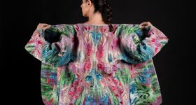 Japanese-style kimono produced by Ganit Goldstein using direct-to-textile multi-color 3D printing. Image via Stratasys.