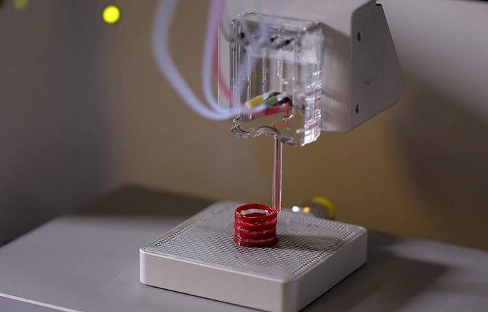 Microfluidic printheads of the RX1 bioprinter. Photo via Aspect Biosystems.
