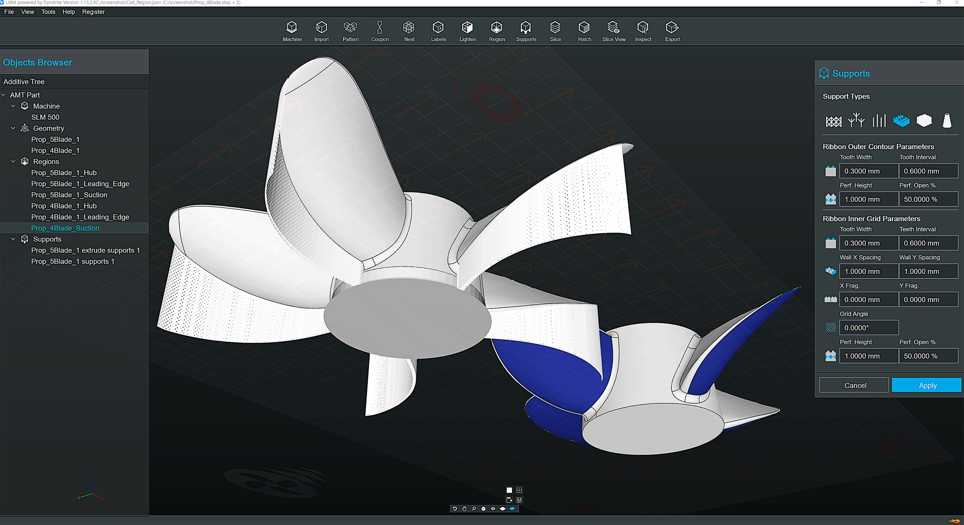 HP Universal Build Manager Powered by Dyndrite, screenshot depicting a build for a SLM machine with two propeller files imported as CAD data. Image via HP.